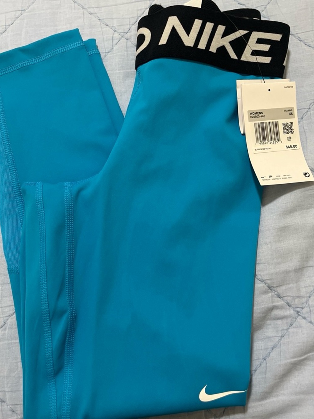 Nike Blue Athletic Leggings with Black Logo Waistband